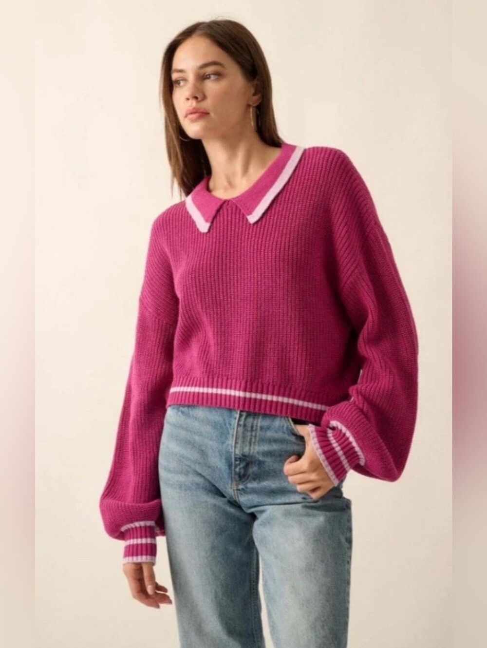 LIZ LISA Fuchsia Ribbed Sweater with Pink Trim Collar